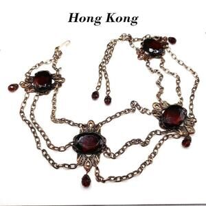 Vintage Hong Kong Boho Chain Belt Brown Glass Stones 32" Filigree 1960s